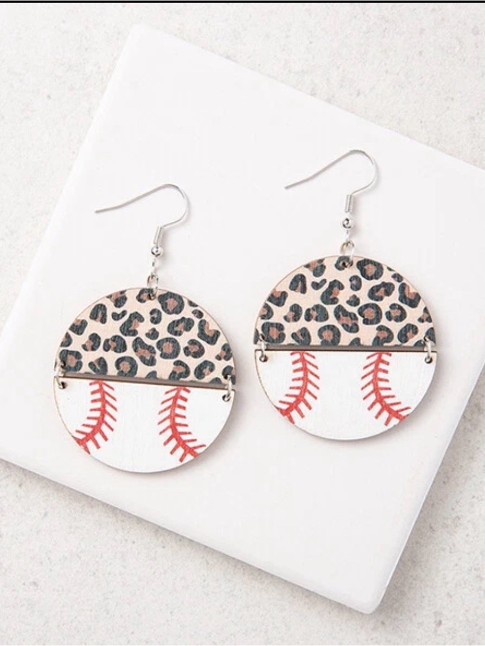 Plunder Design Jewelry Leopard & White Baseball Stitch Wood Dangle Earrings